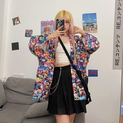 Harajuku Korea American Vintage Cartoon Animation Full Printing Ladies Shirt Summer New Commuter Casual Loose Fashion Mens Top