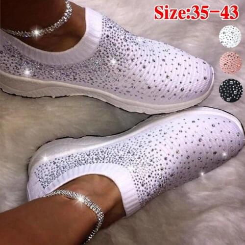 New Ladies Sneakers for Women Bling Crystal Fashion Shoes Casual Slip on Sock Trainers Woman Vulcanize Shoe Sport Mesh Flats