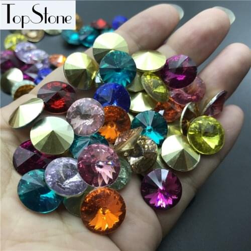 TopStone K9 Colors 100pcs 10,12,14mm Rivoli Fancy Stone pointed Back Round Crystal Resin Rhinestones For Jewelry Making