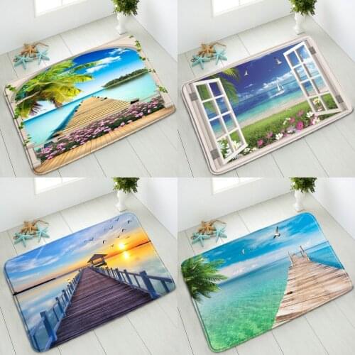 Ocean Scenery Bathroom Non-Slip Mat Waterfall Pink Flower Palm Tree Plant Boat Bedroom Kitchen Doormat Absorbent Carpet Washable