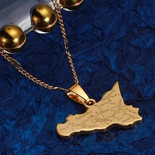 Stainless Steel Map of Sicilia Necklace Pendants Trendy Women Gold Color Map Chain Jewelry