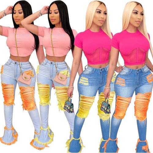 Ripped Jeans For Women High Waist Mom Jeans Pants Vintage Flare Jeans With Holes Patchwork Bell Bottom Jean Denim Pants Trousers