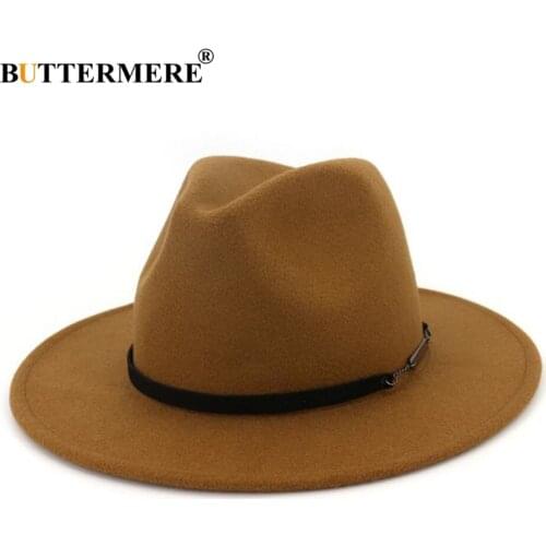 BUTTERMERE Wide Brim Fedoras Men Wool Hats Khaki Casual Jazz Hat Women Large Brim Solid Belt Autumn Fashion Fedora Caps Black