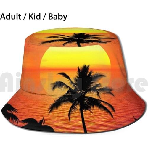 Tropical Summer Sunset With Palm Trees Sun Hat Foldable UV Protection Sunset Tropical Summer Island Red Sunset