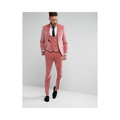Custom Made 3 Pieces Fashion Groom Wedding Dress Slim Fit PINK Velvet Mens Tuxedo Suit For Prom Party Jacket+Vest+Pants