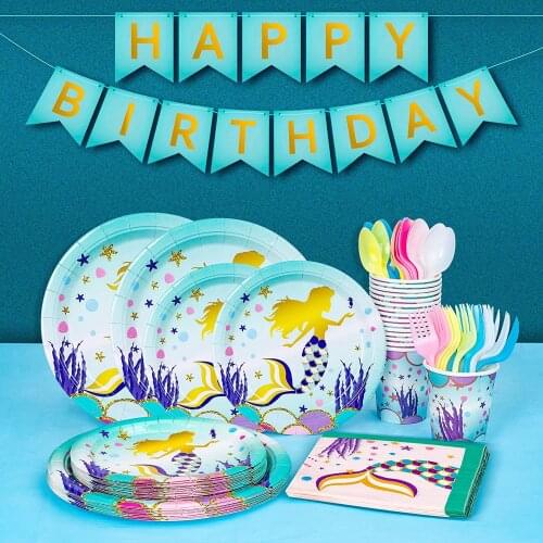Mermaid Birthday Party Supplies Disposable Tableware Forks Cups Knife Spoons Banner Plates Dinnerware Tablecloth Baby Shower