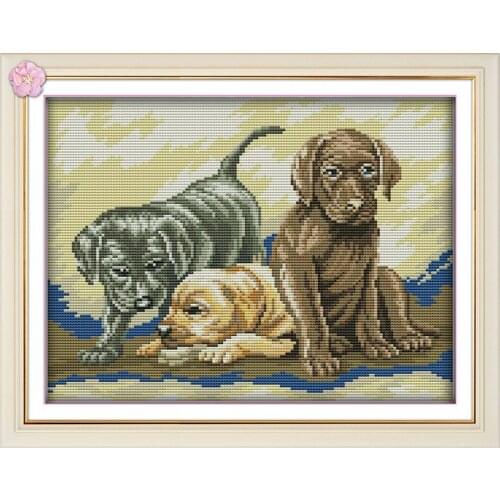 Three puppies Dog Cross-stitch 11CT Printed On Canvas DMC Cross Stitch Chinese Counted Cross Stitch Patterns Kits Home Decor