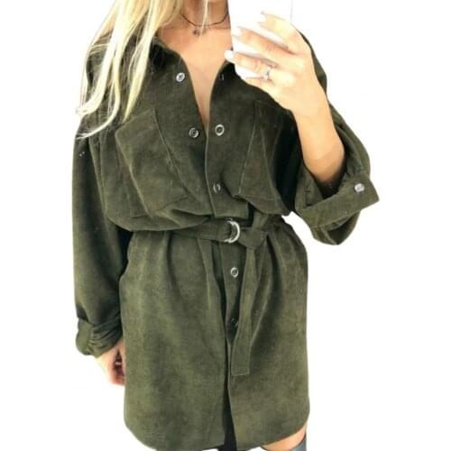 Spring 2021 Women Dress Fashion Elegant Long Puff Sleeve Turn Down Collar Casual Loose Fit Button Belt Corduroy Mini Shirt Dress