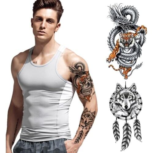 Waterproof Temporary Tiger Tattoos Fake Men Wild Wolf Tiger Men Full Skull Totem Tatto Arm Body Art Fake Tattoo Sticker