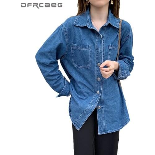 Blue Basic Streetwear Jeans Blouses For Women 2021 Autumn Vintage Cotton Top Long Sleeeve Denim Long Shirt Clothes Female