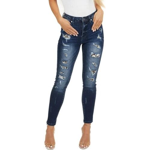 Soniaox 2021 New Plus Size Denim Jeans Women Leopard Print Hole Spliced Stretch High Waist Riped Jeans Skinny Pants Stacked Jean