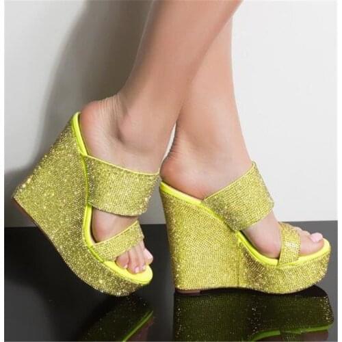 Women Charming Bling Bling Rhinestone Open Toe High Platform Wedge Sandals Slip-on Multi Crystal Wedge Heel Slippers Dress Shoes