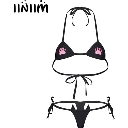 Womens Paw Embroidered Lingerie Summer Bikini Set Ladies Two-Pieces Swimsuit Swimwear Halter Neck Lace-up Bra with G-string