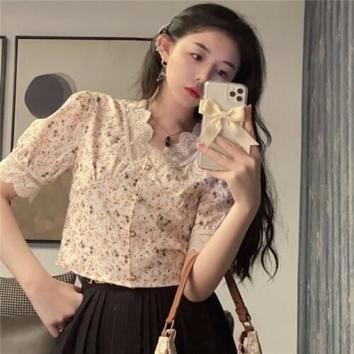 Women Bubble Sleeve Shirts Korea Fashion Embroidery Mesh Shirts Summer Short Sleeve Shirt Tops