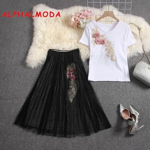ALPHALMODA 2019 Trendy Floral Appliques Tshirts + Mid-calf Flower Skirt Women Summer Tidy Vogue Fashion Heavy-work Skirt Sets