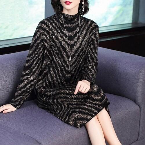Womens New Autumn Winter Fashion Jacquard Knitted Sweater Dress Long Sleeve Casual Elegant Warm Turtleneck Dresses Vestidos 4XL