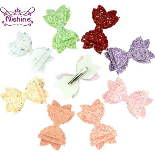 10pcs/lot 9*5.5 CM Double-deck Sequins Bowknot Hair Clips Solid Color Leather Bow Baby Girls Hairpin Shining Children Headwear