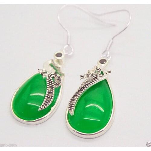 15*26mm Natural Green Natural jade 925 silver & Marcasite Earrings