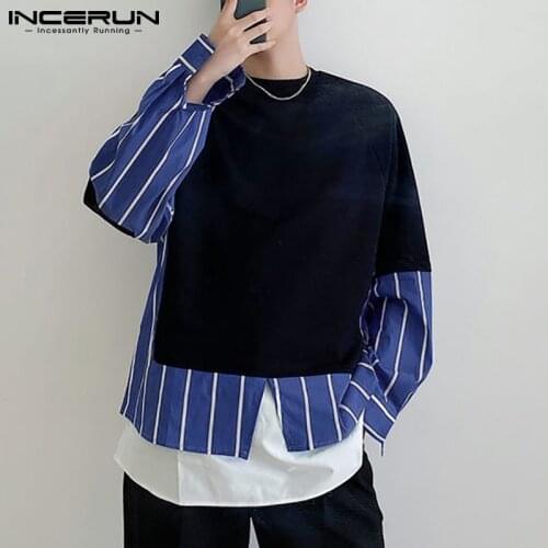 2021 Fashion Men Casual Sweatshirts Striped Patchwork Streetwear O Neck Hoodies Men Long Sleeve Korean Pullovers S-5XL INCERUN