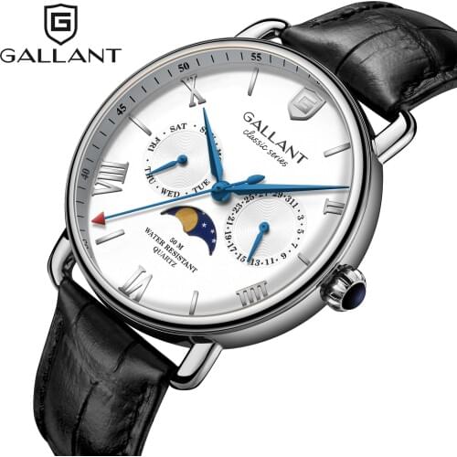 Mens Watch, Quartz Watches Mens Wristwatch Moon Phrase Calendar Leather Strap Waterproof Dress Watches for Men Luxury, Silver