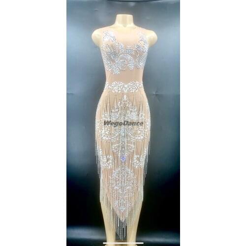 Sparkly Pearls Crystals Mesh Long Dress Womens Birthday Tassel See Through Lace Dress Stage Costume Dance Outfit