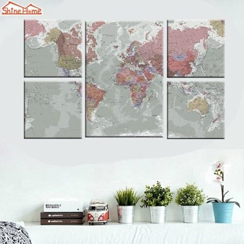 ShineHome-5 Panel World Map Oil Prints Painting on Canvas Wall Living Room Background Printing Walls Modern Home Decor Framed