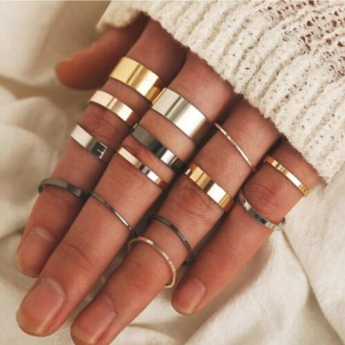 Tocona Charms 14Pcs/Set Gold Silver Color Black Rings Set for Women Mix Boho Vintage Round Knuckle Ring Female Jewelry Gift 8472
