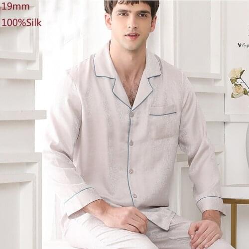 19MM Male Pijama Men Suit Beige White Red Sleepwear Nightwear Luxury Home Clothing Soft ReaL Thick 100% Silk Pajamas