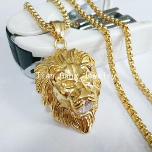 Hot Cool New Design Vintage Biker Jewelry Gold 316L Stainelss Steel Top CZ Lion Biker Men Pendant Chain Necklace