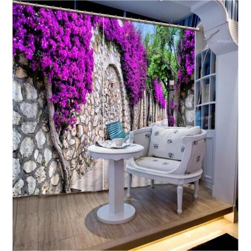 Wall and Purple Floral 3D Window Curtain Drapes, Lace Scenery Living Room Curtain, Machine Washable 2Panels size