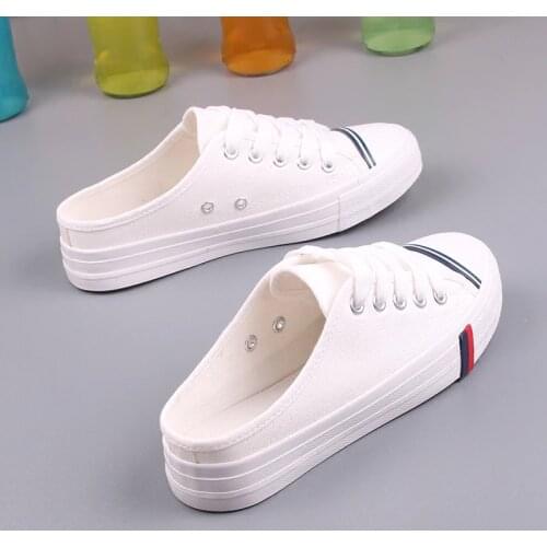2018 Summer New Wild Flat Casual Shoes Half Slippers Female Canvas Shoes Without Heel