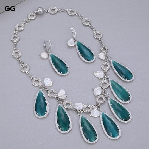 GuaiGuai Jewelry Natural Cultured Keshi Pearl Green Cats Eye CZ Paved Chain Chocker Necklace Earrings Sets For Women