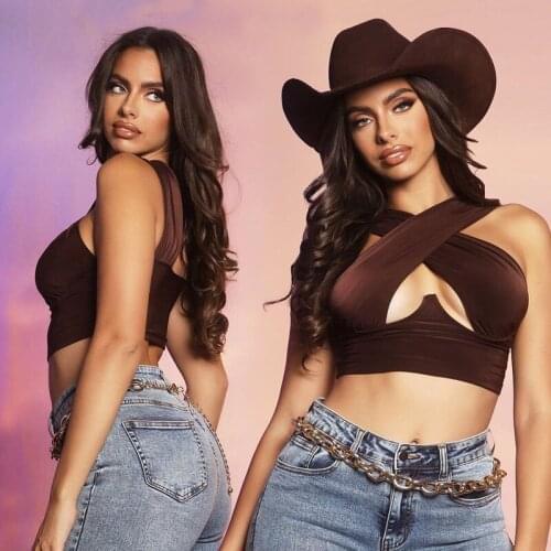 Sexy Women Crop Top Tank Tops Cross Strap V-collar Short Halter Pleats Backless Vest For Female Clubwear Party Summer Camis