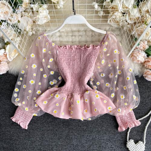 Laces female trumpet sleeve tull fashionable and western style with a mesh top very fairy 2021 transparent