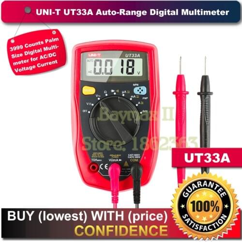 UNI-T UT33A 3999 Counts Palm Size Digital Multimeter for AC/DC Voltage Current Measurement with Continuity, Diode, hFE Test