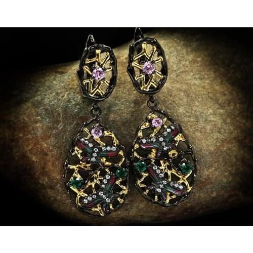 CHARLINLIOL Vintage Bohemia Jewelry S925 Silver Retro Ethnic Hollow Leaf Butterfly Black Gold Dangle Earrings Africa Jewelry