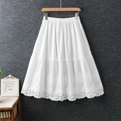 Mori Girl Elasticwaist Loose Lace Cotton Skirt Women White Fairy Embroidery Pleated Princess Underskirt Female Kawaii Skirt Saia