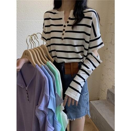 Spring And Autumn Korean 2021 New Design Sense Of Hole Loose Stripe Long Sleeve Knitting Womens Top