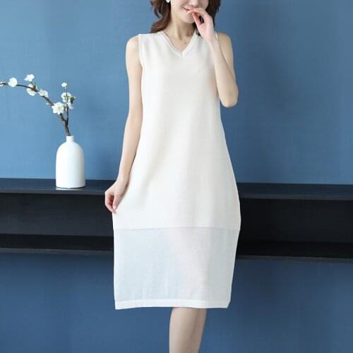 2019 New Arrival Women Summer Linen Dress Sleeveless Knit Blouse v-Neck Hollow Solid Lady Dresses
