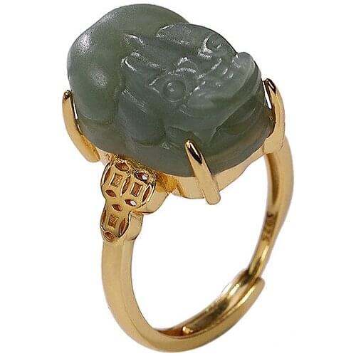 925 sterling silver Hetian Qiemo blue Pixiu ring retro personalized coin Womens Open gold-plated ring