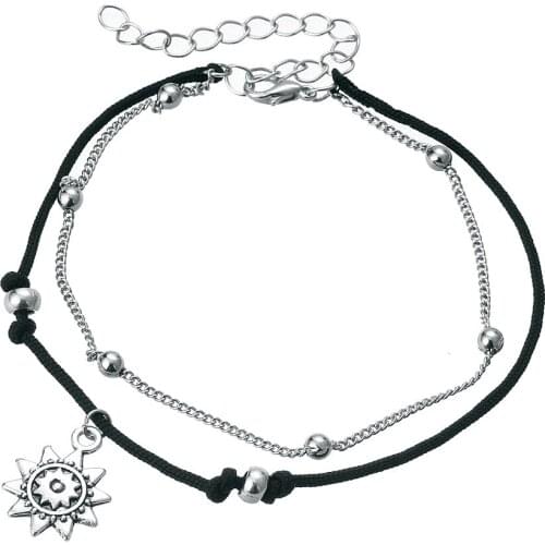 12 pieces/lot Sun Pendant Anklets Women Antique Silver Color Beads Double Chain Charms Ankle Bracelet Barefoot Sandals Jewelry