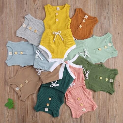 2021 Summer Newborn Baby Clothes Sleeveless Solid Color Ribbed Button Bodysuits+Shorts 2Pcs Cotton Casual Toddler Outfits Suit