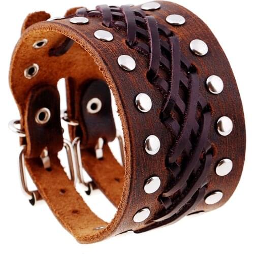 Free Fast Shipping Genuine Leather Cuff Double Wide Bracelet & Bangles Brown for Men Fashion Female Man Bracelets Jewelry