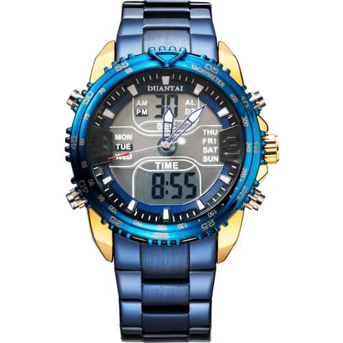 Duantai Steel Belt Multifunctional Double Movement Mens Watch Electronic Watch Sports Watch Waterproof Luminous Quartz Watch