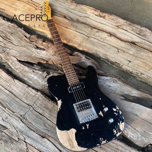 Acepro Ash Body Relic Electric Guitar, Grover Tuners, Abalone inlays, P90+Humbucker Pickups, Handmade Aged Black color Guitarra