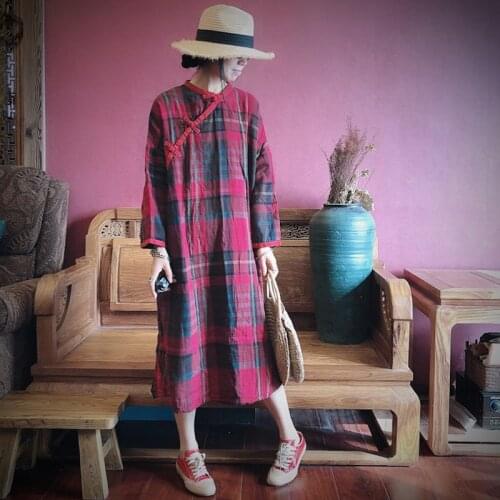 Johnature 2021 New Spring Fashion Retro Cotton Linen Plaid Button Dresses Comfortable Long Sleeve Women Dress