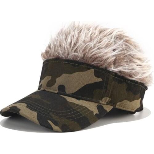 Mens Novelty Sun Visor Cap with Spiked Fake Hair Camouflage Print Adjustable Snapback Wig Baseball Hat Hip Hop Streetwear Gift
