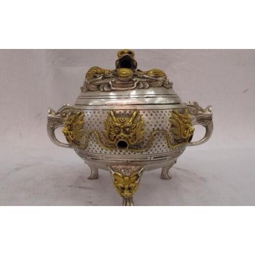 China Buddhism Copper silver Gild fengshui Dragon carved Censer incense burner