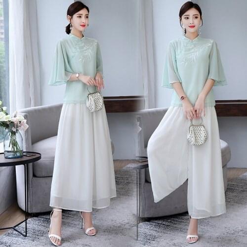Chinese Style 2 Piece Sets Womens Outfits Cheongsam Top + Wide Leg Pants Set Tang Suit Female Elegant Two Piece Set Summer 11273