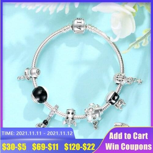 Space astronaut spaceship 925 Sterling Silver Bead Charms Fit Original European Charm Bracelet Supplies for Jewelry Making DIY